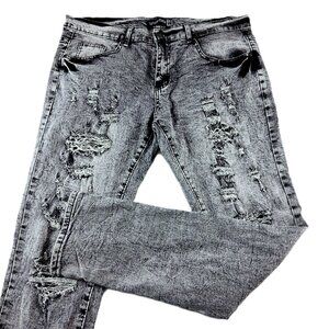 Blue Cult Tech Denim Slim Fit Distressed Jeans Men's Size 36 X 33 Black Gray